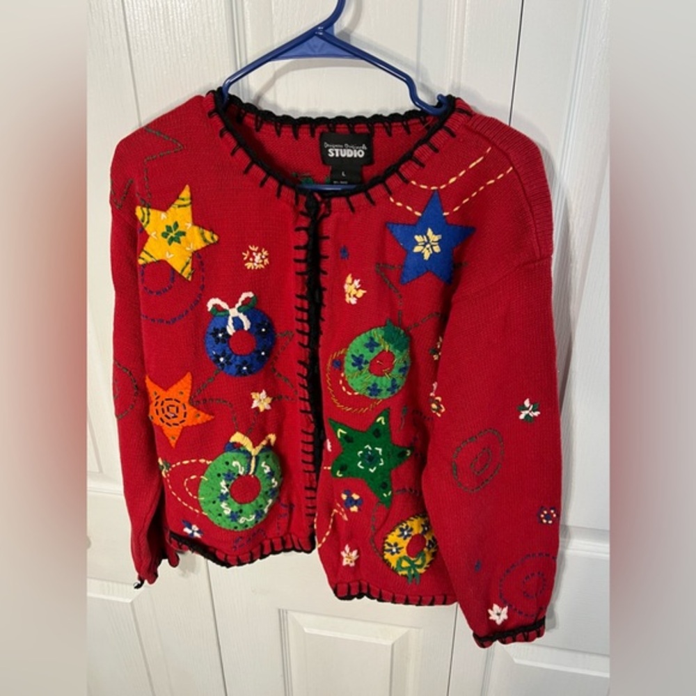 Designer Originals‎ Studio Christmas Holiday Embroidered Cardigan Womens Size L